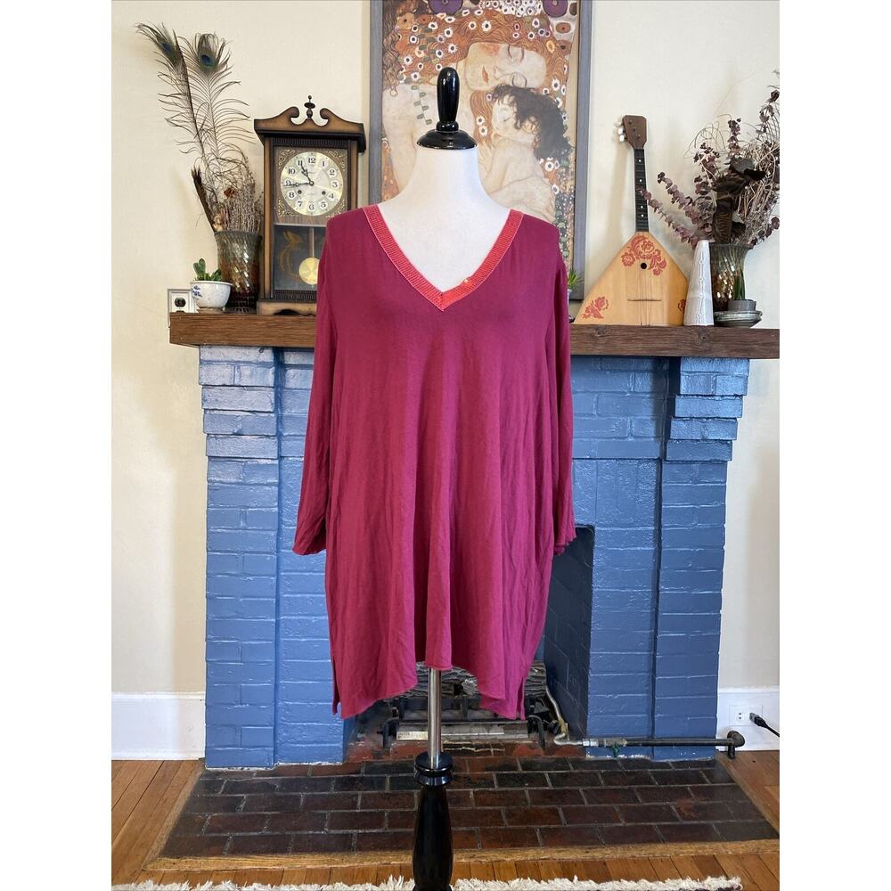 Ulla Popken 20/22 Shirt Top Plus Size 2X Sequin Stripe V Neck Rayon Magenta Pink